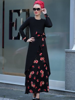 Selma Sarı Design Siyah Kırmızı Fiyonk Bel Miray Elbise