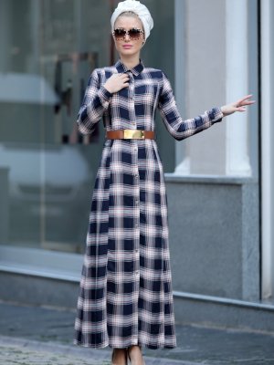Selma Sarı Design Lacivert Kemerli Ekose Elbise