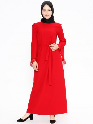İroni Kırmızı Dantel Detaylı Elbise