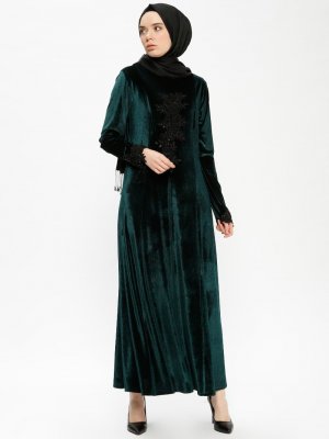 Sa&De Yeşil Güpür Detaylı Kadife Elbise