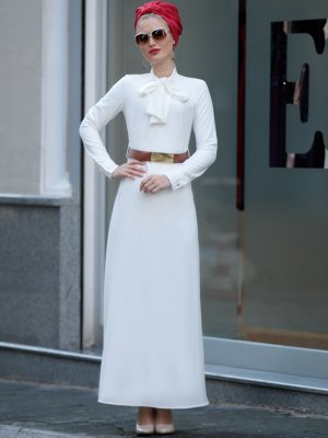 Selma Sarı Design Beyaz Fiyonklu Prenses Elbise