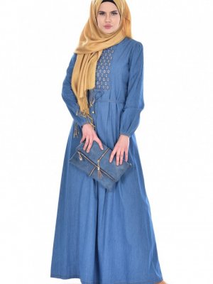 Sefamerve Mavi Taş Detaylı Kot Elbise
