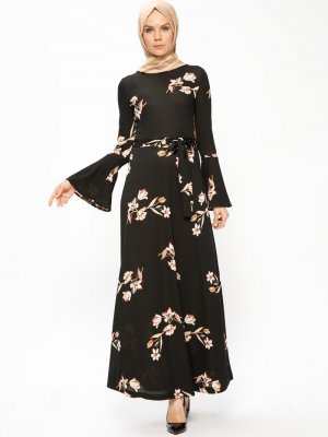 Miss Cazibe Siyah Somon Çiçek Desenli Elbise