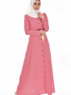 Sefamerve Kırmızı Kemerli Kareli Elbise