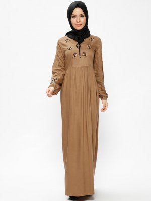 CML Collection Koyu Camel Nakışlı Elbise