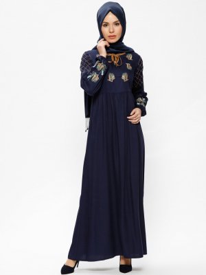 CML Collection Lacivert Nakışlı Elbise