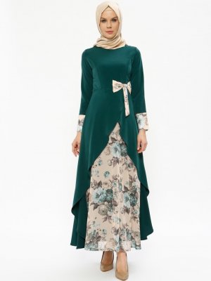 Sevilay Giyim Yeşil Fiyonklu Desenli Elbise