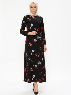 Tuncay Siyah Kırmızı Çiçekli Elbise