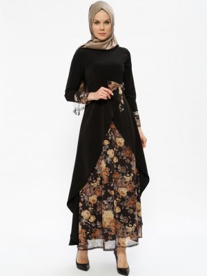 Sevilay Giyim Siyah Fiyonklu Desenli Elbise