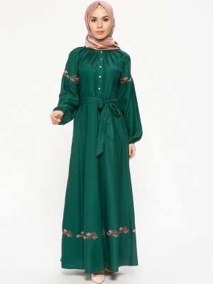 CML Collection Zümrüt Nakış Detaylı Elbise