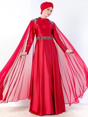 Refka Bordo Şal&Taş İşlemeli Abiye Elbise