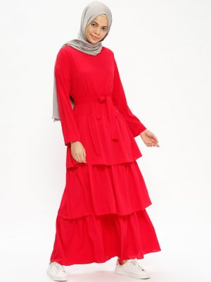 Bwest Kırmızı Volanlı Elbise
