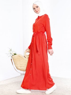 Refka Kırmızı Doğal Kumaşlı Puantiyeli Elbise