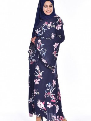 Sefamerve Lacivert İspanyol Kol Desenli Elbise