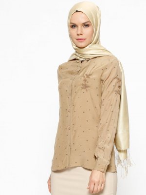 TUĞBA Camel Nakış Detaylı Desenli Gömlek