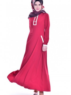 Sefamerve Kırmızı Broşlu Cep Detaylı Elbise