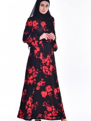 Sefamerve Siyah Kırmızı Desenli Kuşaklı Elbise