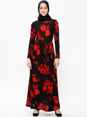 Miss Cazibe Siyah Kırmızı Desenli Elbise