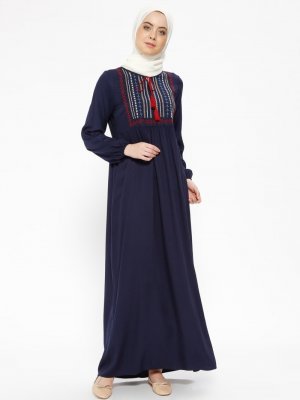 CML Collection Lacivert Nakış Detaylı Elbise