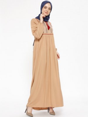 CML Collection Camel Nakış Detaylı Elbise