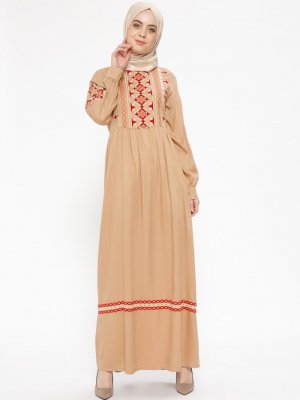 CML Collection Camel Nakış Detaylı Elbise