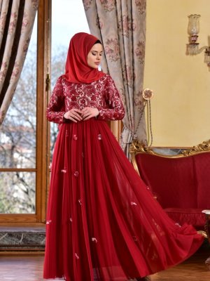 Sefamerve Kırmızı Çiçek Detaylı Abiye Elbise