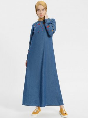 Benin İndigo Doğal Kumaşlı Nakışlı Kot Elbise