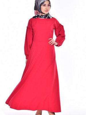 Sefamerve Kırmızı Kolu Büzgülü Elbise