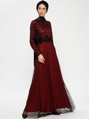 Tavin Kırmızı Siyah Payetli Abiye Elbise