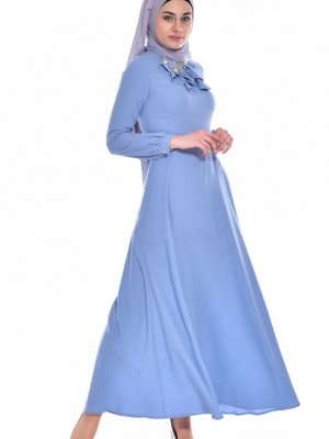 Sefamerve Mavi Kolyeli Kuşaklı Elbise