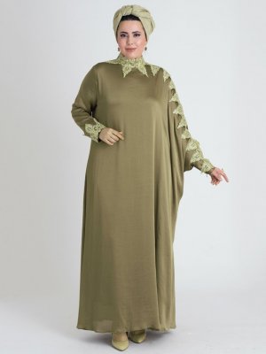 Nesrin Emniyetli Yağ Yeşili Diva Brode Aplikli Abaya Elbise