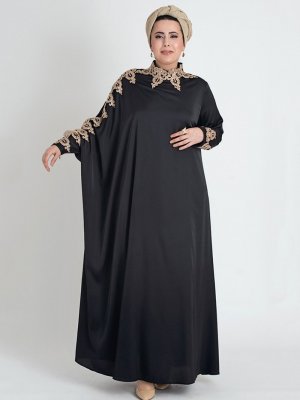Nesrin Emniyetli Siyah Diva Brode Aplikli Abaya Elbise