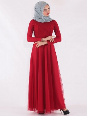Mileny Kırmızı Dantel Detaylı Abiye Elbise