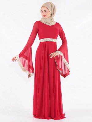 Mileny Kırmızı Kol Detaylı Abiye Elbise