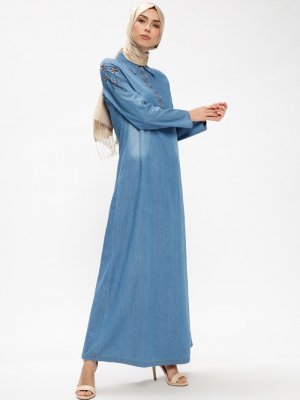Ginezza Mavi Nakışlı Kot Elbise