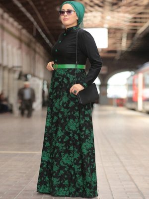 Nesrin Emniyetli Siyah Haki Kemerli Çiçekli Elbise