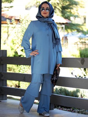 Nilüfer Kamacıoğlu Bebe Mavisi Valonlu Tunik&Pantolon İkili Takım