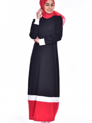 Sefamerve Garnili Elbise 3308 05 Siyah Kırmızı