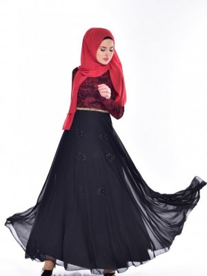 Sefamerve Siyah Kırmızı Simli Abiye Elbise