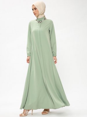 Ginezza Açık Yeşil Yakası Taşlı Elbise