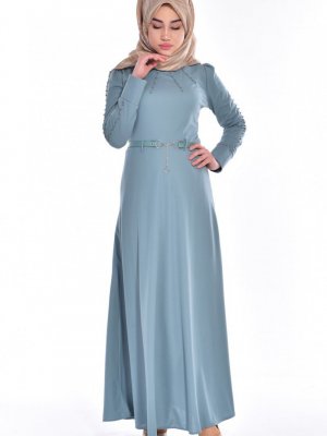Sefamerve Mavi İncili Kemerli Elbise