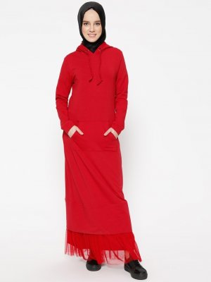 Bwest Kırmızı Tül Detaylı Elbise