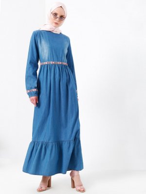Refka Mavi Doğal Kumaşlı Kot Elbise