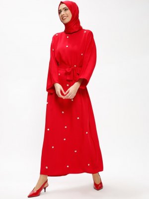 Tuncay Kırmızı Boncuk İşlemeli Elbise