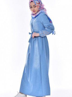 Sefamerve Kot Mavi Beli Büzgülü Kuşaklı Kot Elbise