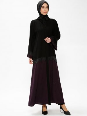 ŞAHİN FERACE Mürdüm Siyah İncili Abaya