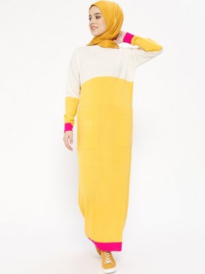 Zentoni Bej Sarı Triko Elbise
