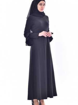 Sefamerve Siyah Kolu Volanlı Kemerli Elbise