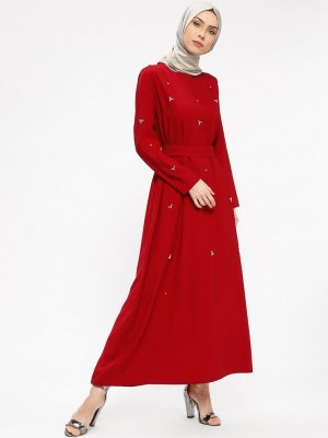 Filizzade Bordo Taşlı Kuşaklı Elbise