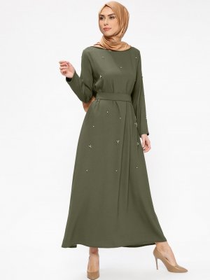 Filizzade Haki Taşlı Kuşaklı Elbise